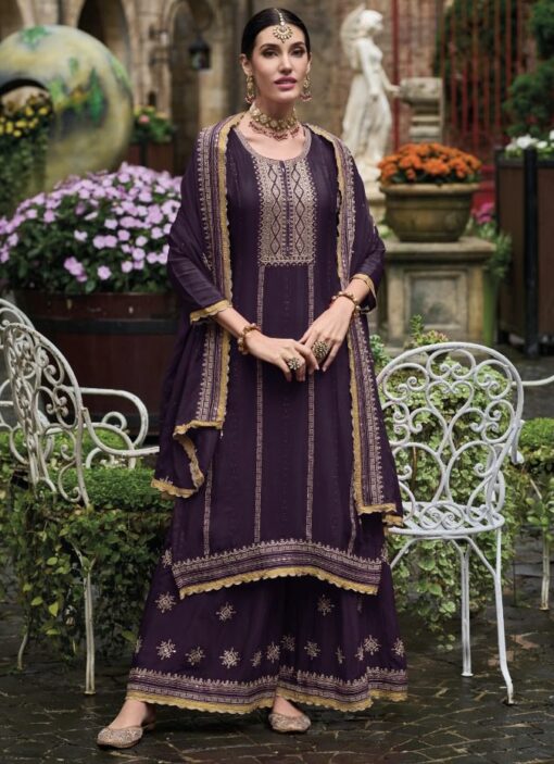 Purple Chinon Embroidered Palazzo Salwar Suit