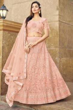 Peach Embroidered Net Party Wear Lehenga Choli