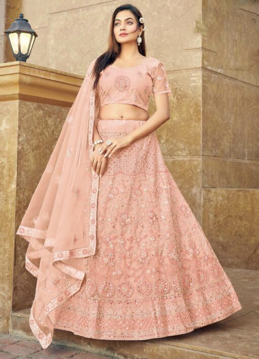 Peach Embroidered Net Party Wear Lehenga Choli