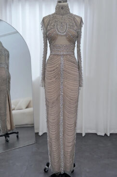 Luxury High Neck Arabic Tassel Embellished Evening Dress