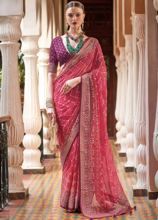 Deep Pink Bandhej Style Georgette Saree