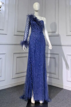 Blue One Shoulder Feathered Split Beaded Evening Dress