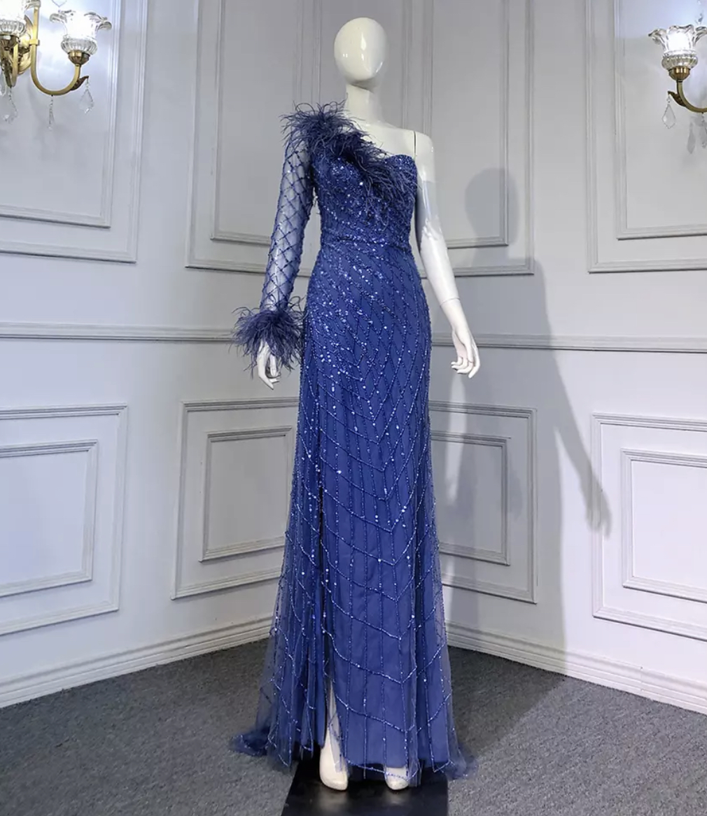 Blue One Shoulder Feathered Split Beaded Evening Dress - Evening ...