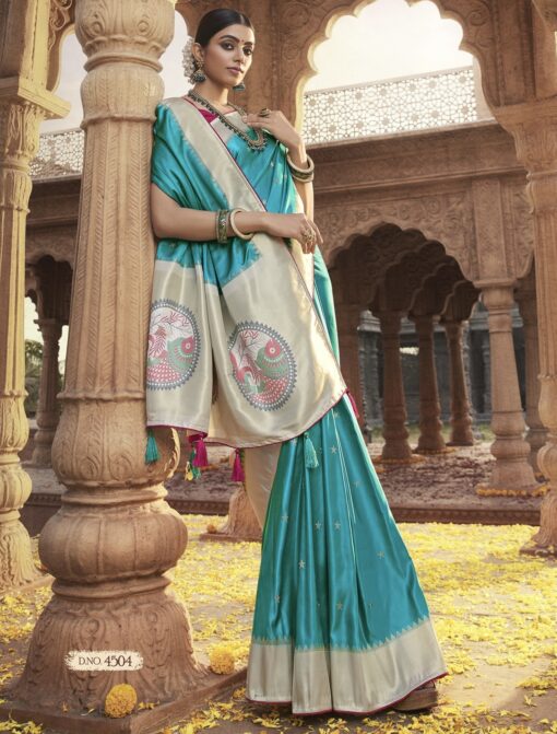 Turquoise Blue Traditional Soft Satin Silk Saree