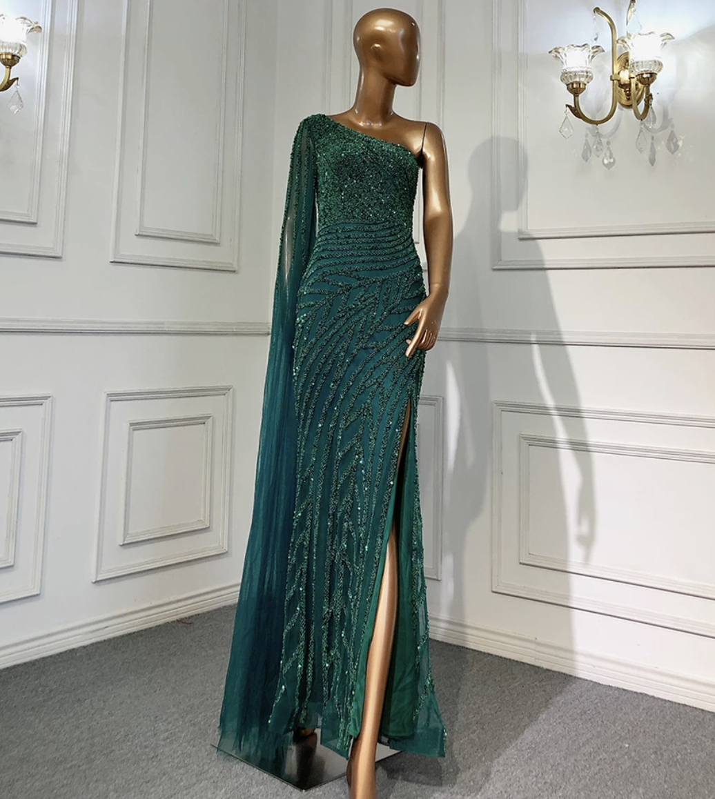 Heavily Embellished One Shoulder Drape Evening Dress - Evening Dresses ...