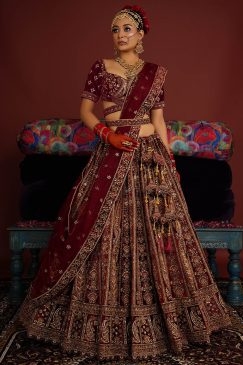 Royal Maroon Velvet Embroidered Bridal Lehenga Choli