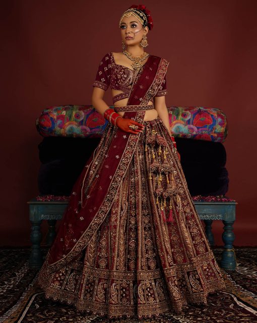 Royal Maroon Velvet Embroidered Bridal Lehenga Choli