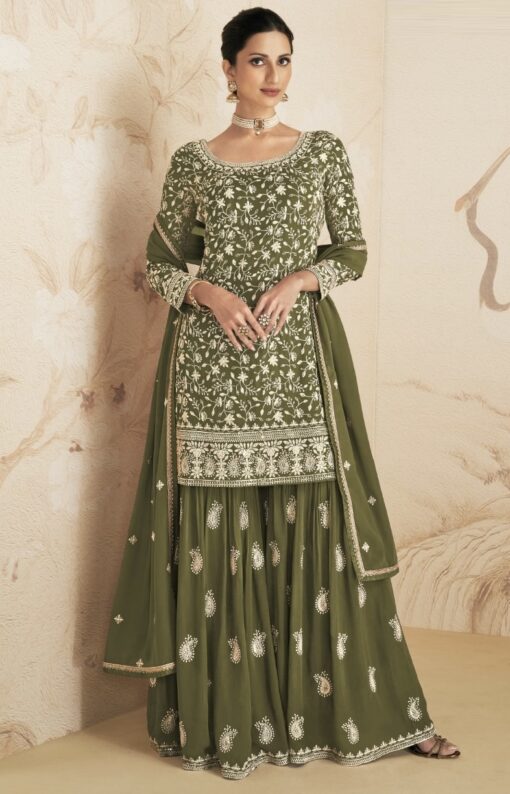 Olive Georgette Gharara Suit