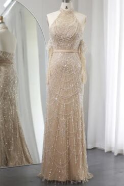 Off Shoulder Pearl Embellished Evening Gown With Glove Sleeve