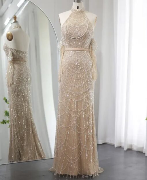 Off Shoulder Pearl Embellished Evening Gown With Glove Sleeve