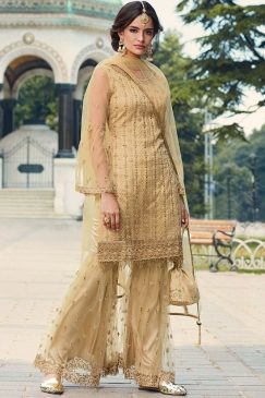 Cream Beige Net Embroidered Sharara Suit