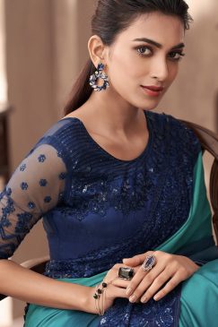 Alternative view of Shaded Blue Embroidered Border Party Wear Saree