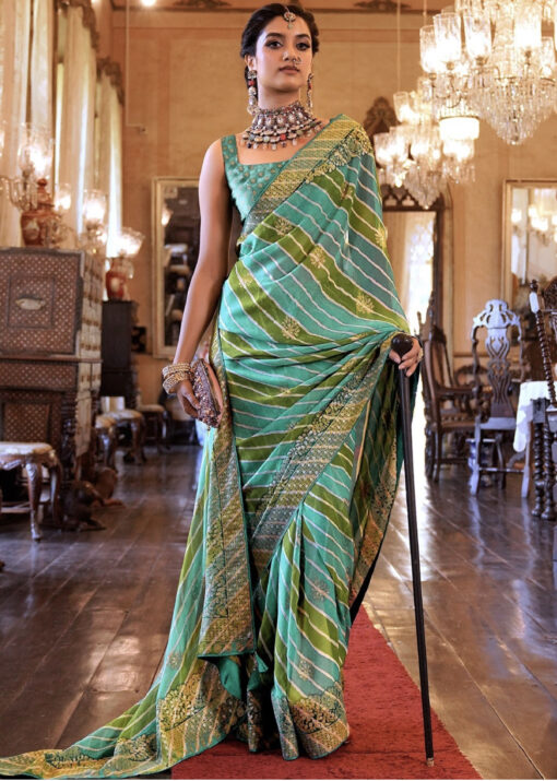 Turquoise Bandhej Style Georgette Saree