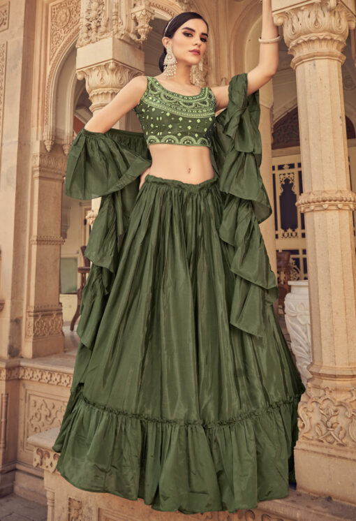 Khaki Chinon Silk Ruffled Lehenga Choli