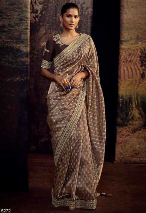 Brown Fancy Fabric Embroidered Wedding Saree