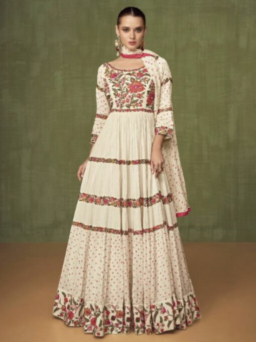 Cream Beige Embroidered Floor Length Anarkali Suit