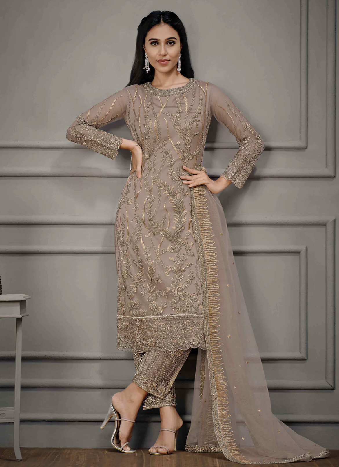 Beige Straight Cut Pant Suit Salwar Kameez Designer Collection