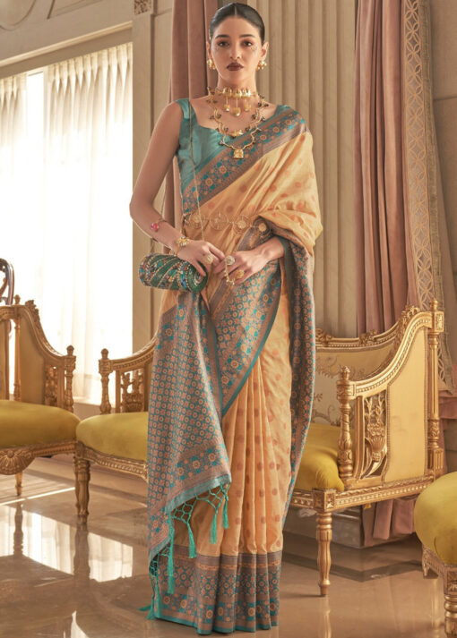 Beige Zari Woven Silk Saree