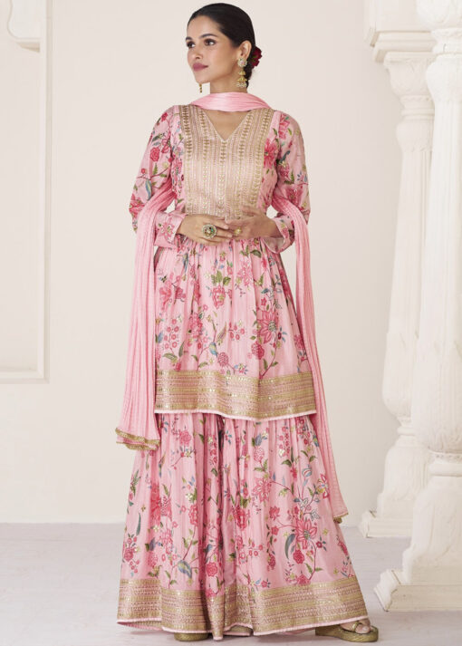 Pink Floral Organza Silk Sharara Suit