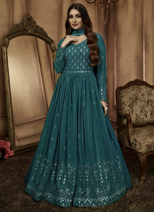 Teal Front Slit Lehenga Style Anarkali Suit