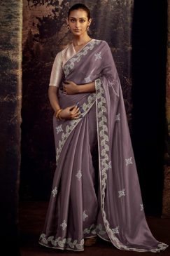 Plum Fancy Fabric Embroidered Wedding Saree