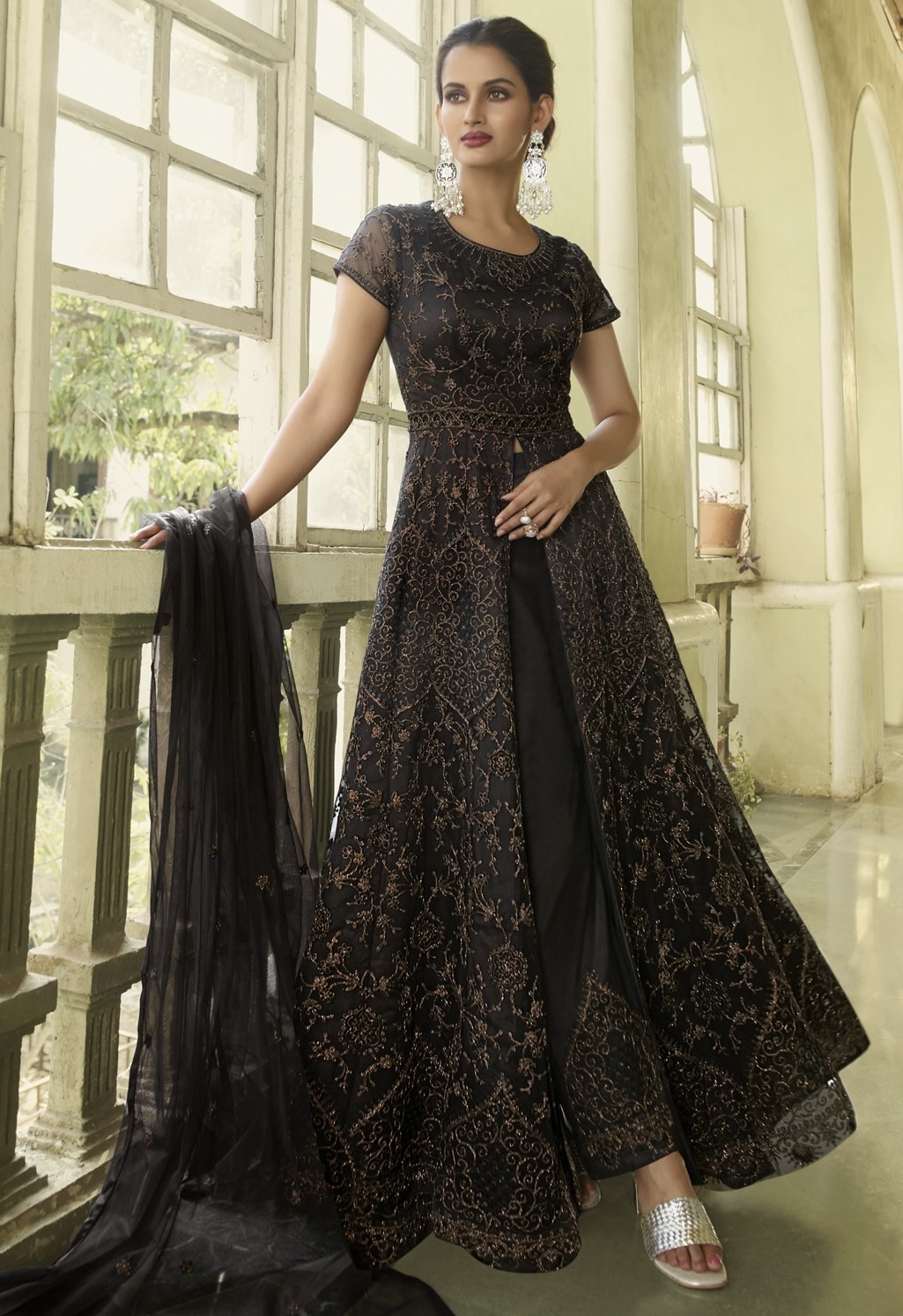 Black Embroidered Net Front Slit Anarkali Suit Salwar Kameez