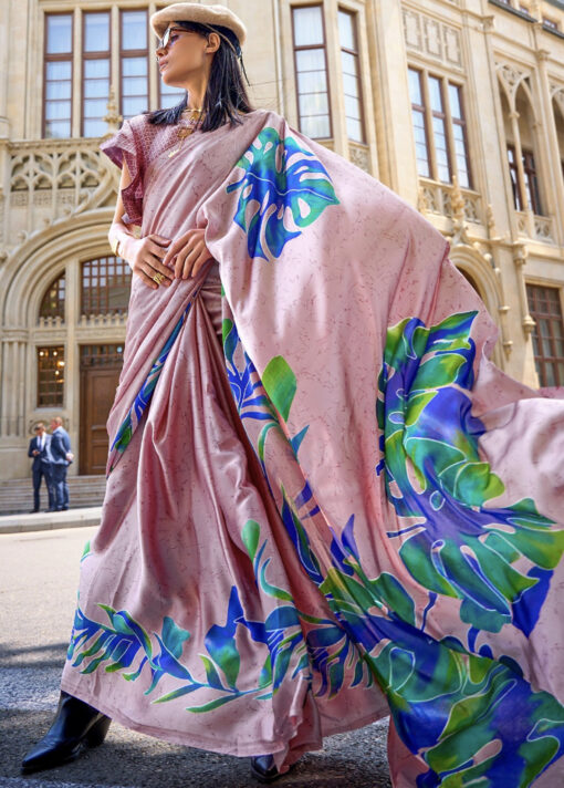 Pink Print Satin Saree