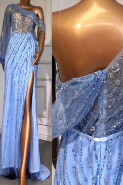 Alternative view of Blue One Shoulder Beaded Party Dress
