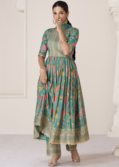 Green Floral Organza Silk Anarkali Suit