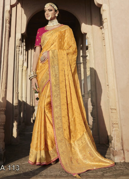 Mustard Soft Satin Silk Embroidered Saree
