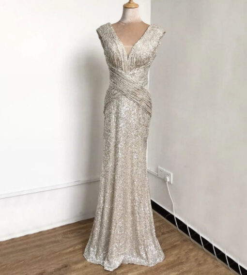 Champagne Sequin Embellished Sleeveless V Neck Evening Dress