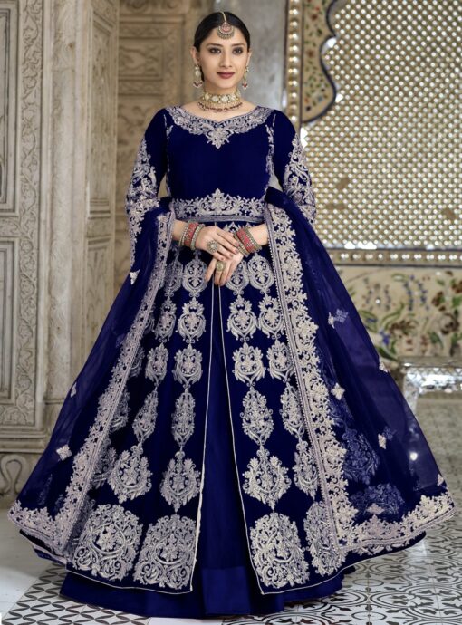 Blue Velvet Front Slit Bridal Anarkali Style Lehenga