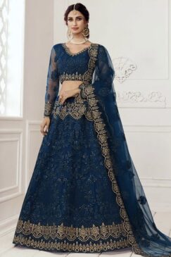 Persian Blue Embroidered Net Bridal Lehenga Choli