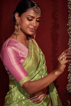 Alternative view of Parrot Green Banarasi Silk Embroidered Wedding Saree