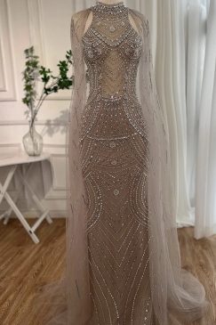 Luxury Cape Sleeve Beaded Evening Dress