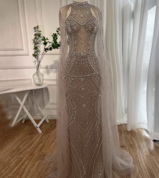 Luxury Cape Sleeve Beaded Evening Dress