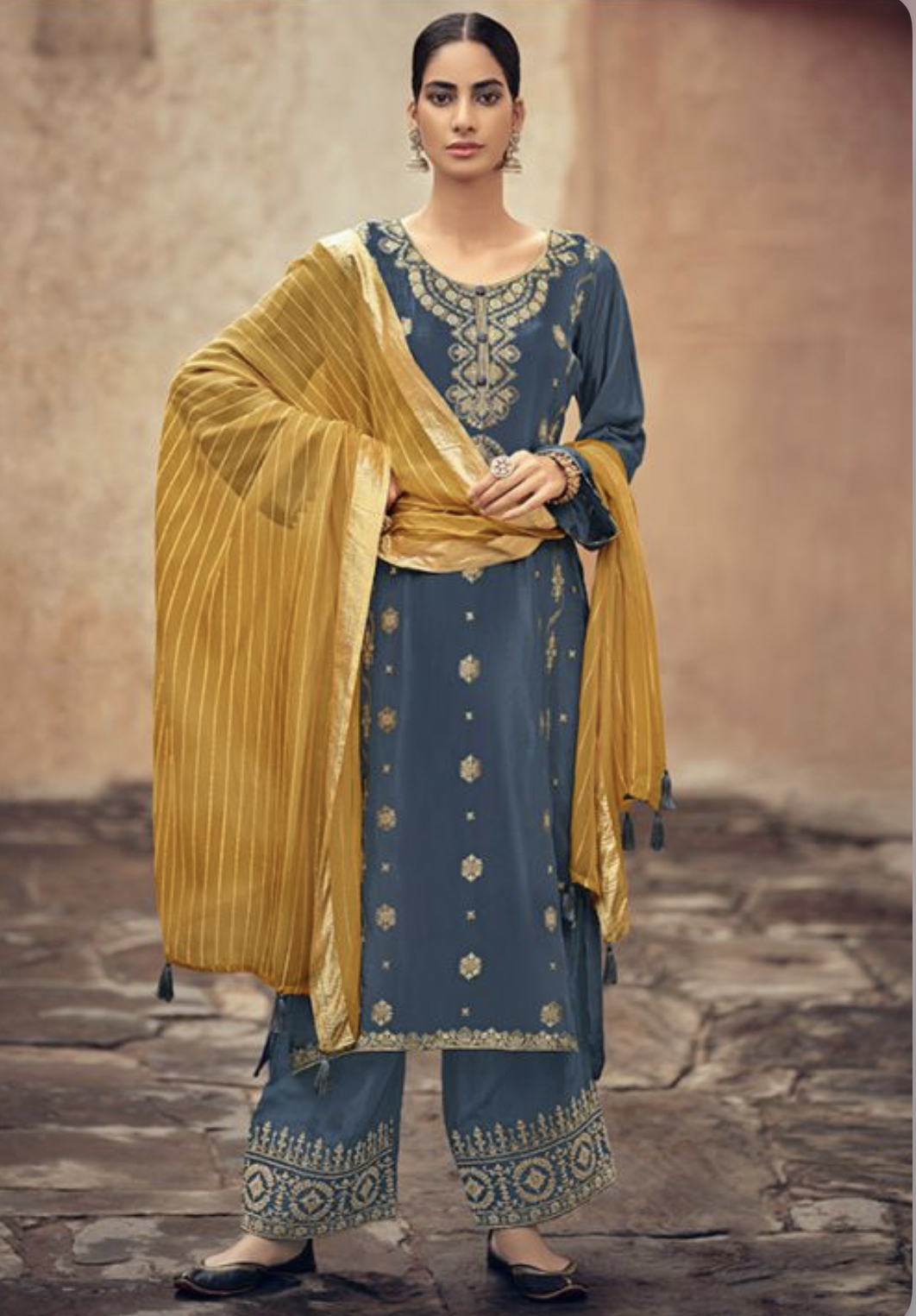 Grey Blue Jacquard Silk Embroidered Pant Suit Salwar Kameez Designer