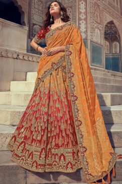 Red And Orange Silk Embroidered Bridal Lehenga Choli