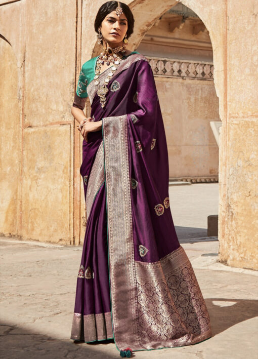 Wine Silk Embroidered Saree