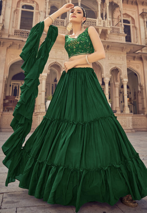 Green Chinon Silk Ruffled Lehenga Choli