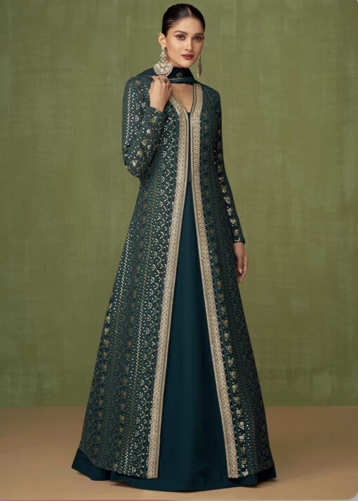 Teal Embroidered Floor Length Anarkali Suit