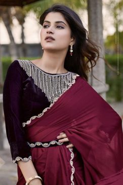 Alternative view of Wine Satin Silk Chiffon Party Wear Saree