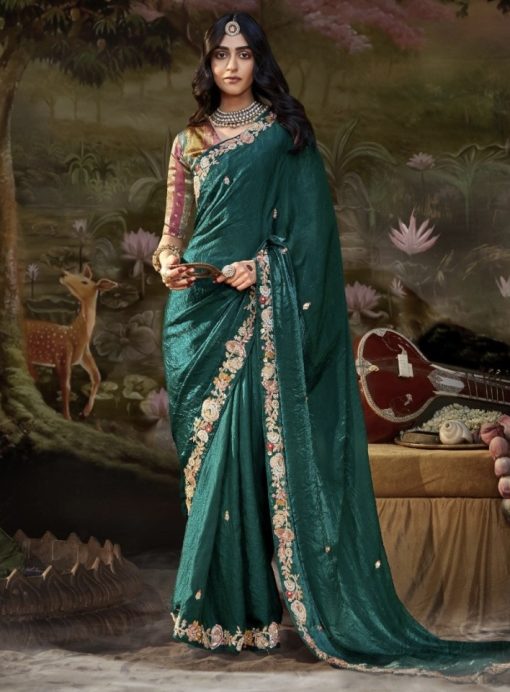 Teal Embroidered Wedding Saree