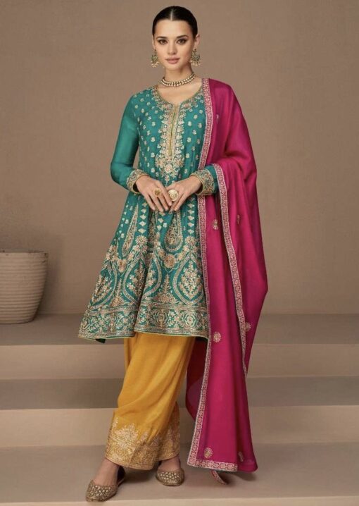 Multicoloured Chinon Silk Frock Style Trouser Suit