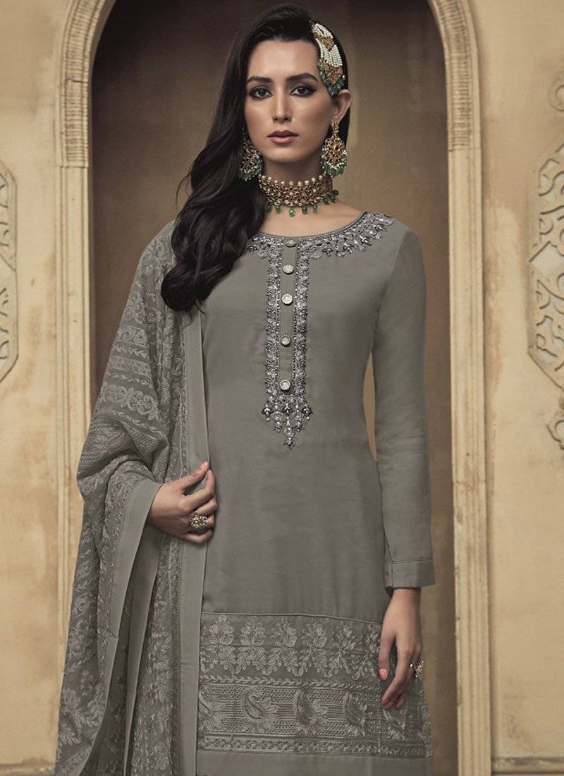 Grey Georgette Embroidered Sharara Suit - Salwar Kameez Designer Collection