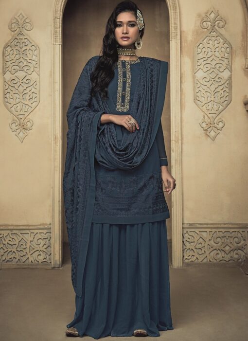 Blue Georgette Embroidered Sharara Suit