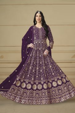 Reddish Magenta Green Color Georgette Fabric Anarakli Dress