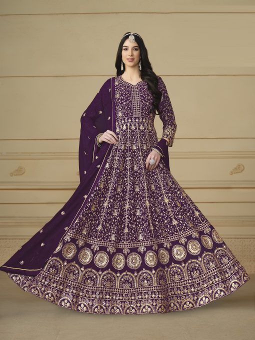 Reddish Magenta Green Color Georgette Fabric Anarakli Dress