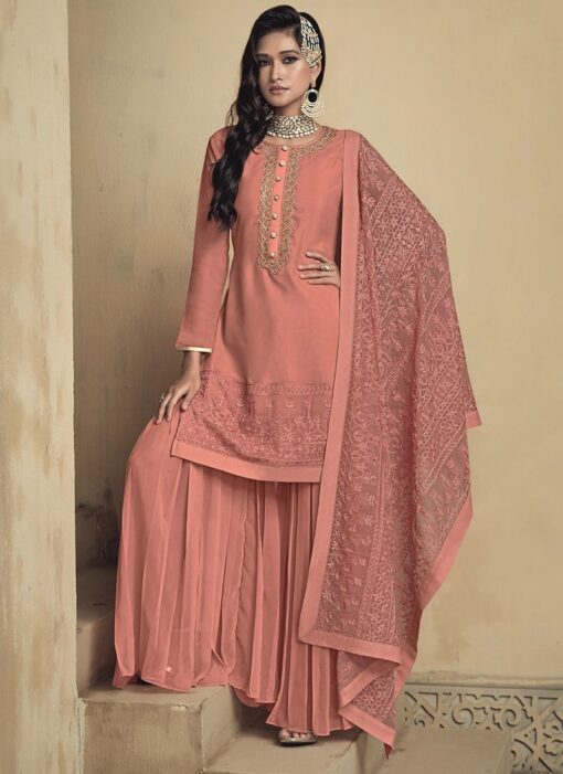 Peach Georgette Embroidered Sharara Suit