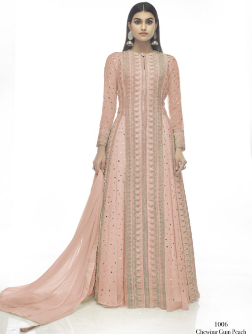 Mirror Work Peach Georgette Long Choli Lehenga Suit